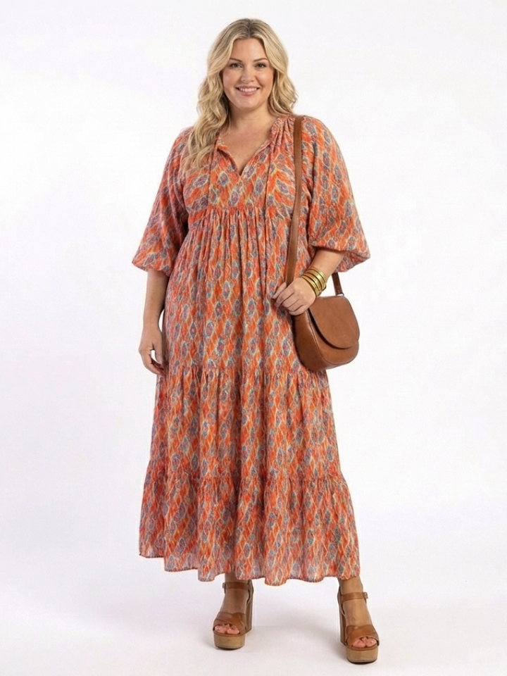 DELIA - Geometric V-Neck Tiered Midi Dress