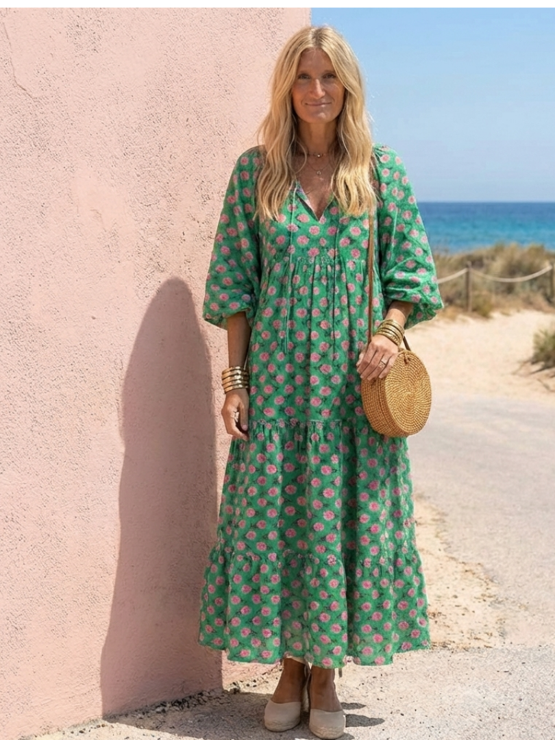 BERTILLE - Floral V-Neck Tiered Midi Dress