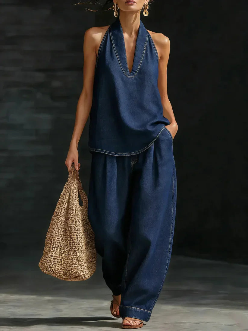 FEDERICA - Long Fluid Suit with V-Neck
