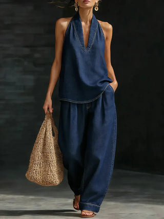 FEDERICA - Long Fluid Suit with V-Neck