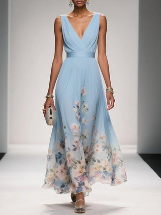 Sidonie™ - Light Blue Floral Chiffon V-Neck Maxi Dress