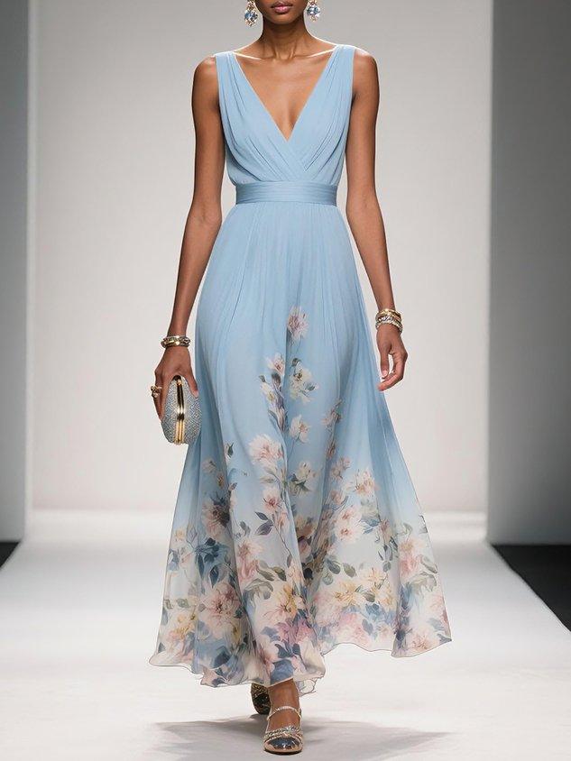Sidonie™ - Light Blue Floral Chiffon V-Neck Maxi Dress