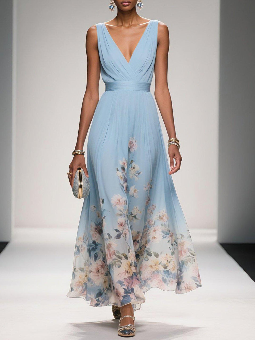 Sidonie™ - Light Blue Floral Chiffon V-Neck Maxi Dress