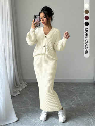 LEA™ - Solid Button Front Sweater & Long Skirt Knit Set