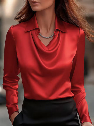 Adriana - Elegant White Satin Blouse with Draped Neckline