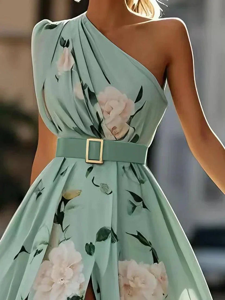 Magnolia™ - Light Green Floral Chiffon One-Shoulder Maxi Dress