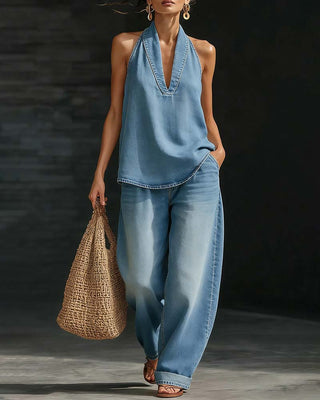 FEDERICA - Long Fluid Suit with V-Neck