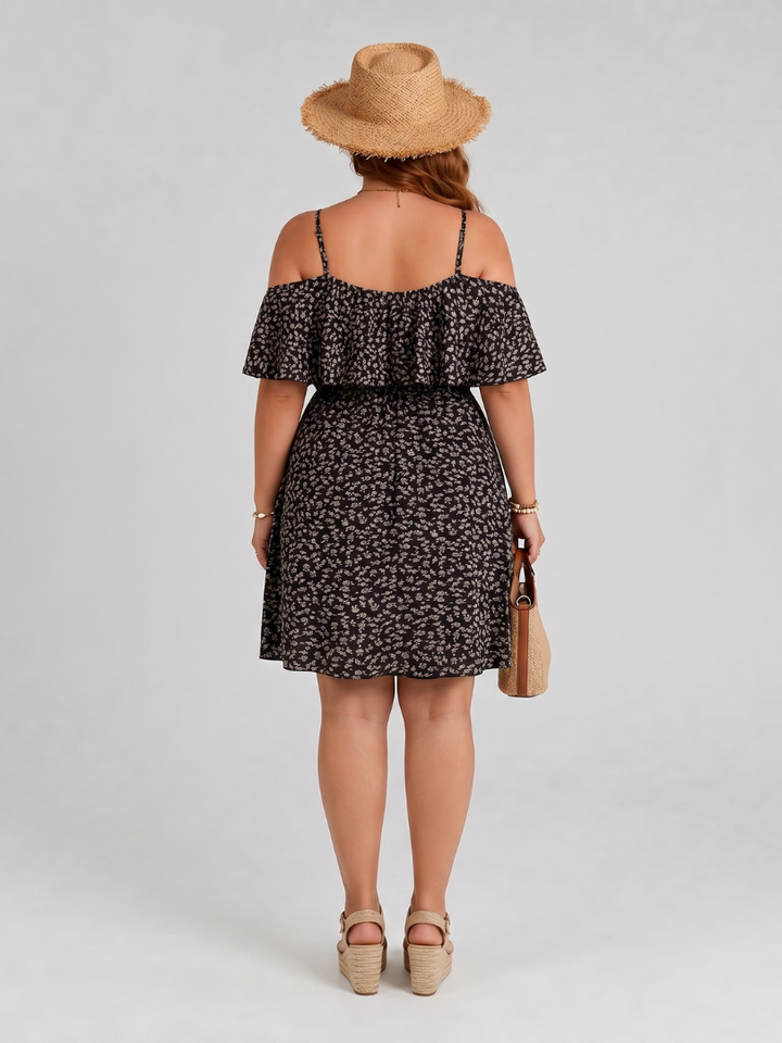 Iolanthe™ - Cold Shoulder Ruffle Overlay Knee Length Dress