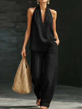 FEDERICA - Long Fluid Suit with V-Neck