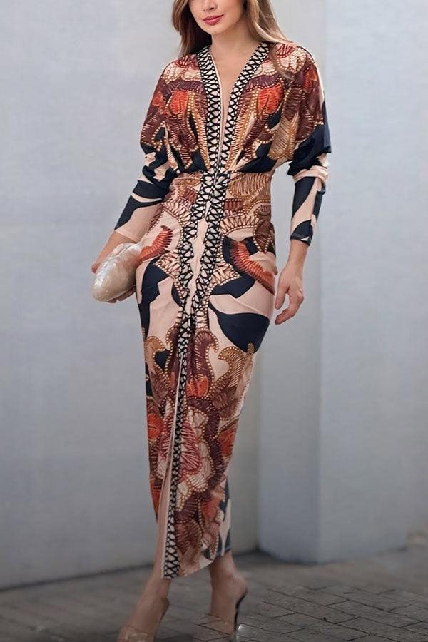 Yolanda™ - Sun Escape Unique Print Dolman Midi Dress