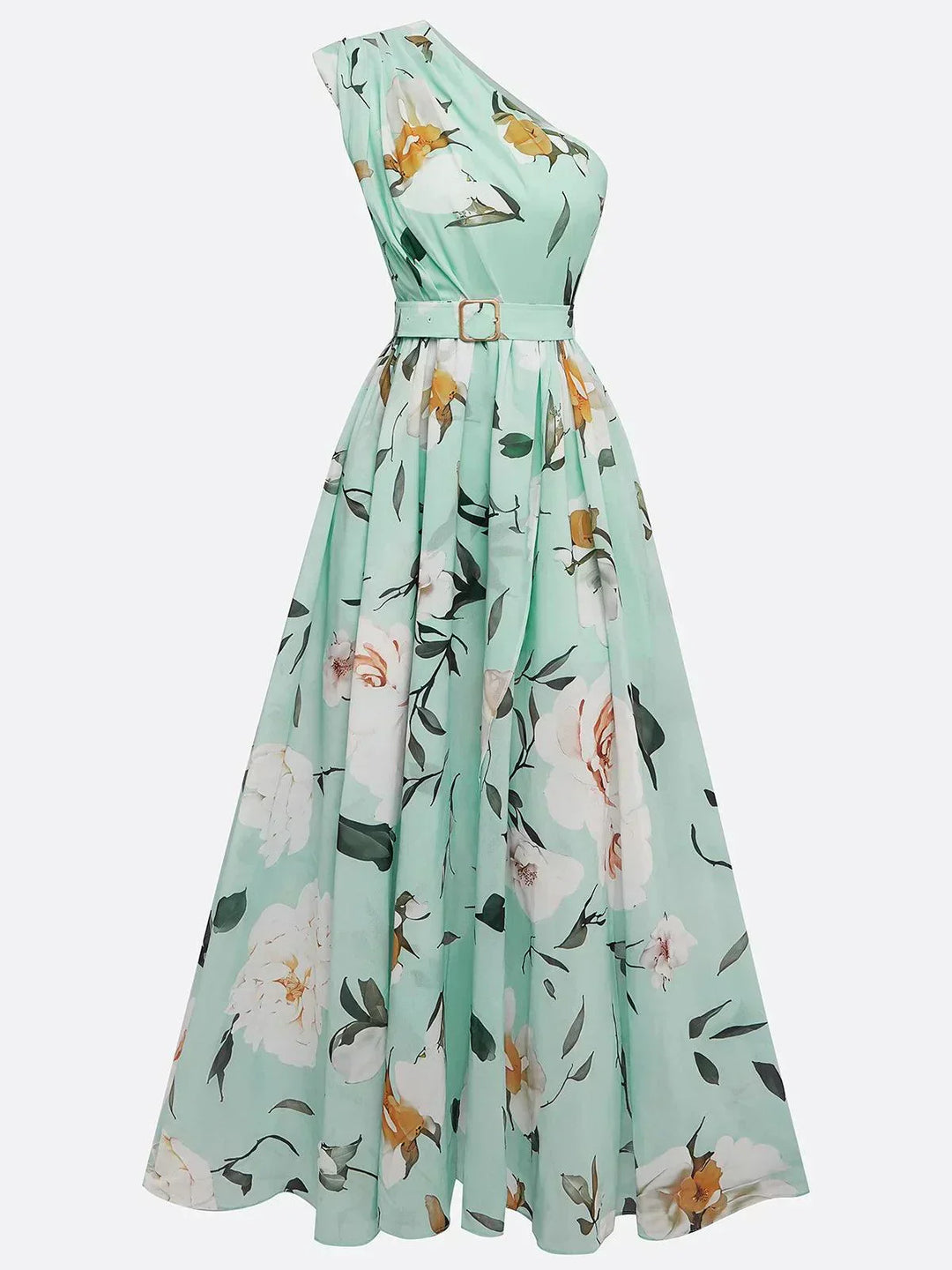 Magnolia™ - Light Green Floral Chiffon One-Shoulder Maxi Dress