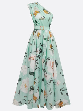 Magnolia™ - Light Green Floral Chiffon One-Shoulder Maxi Dress