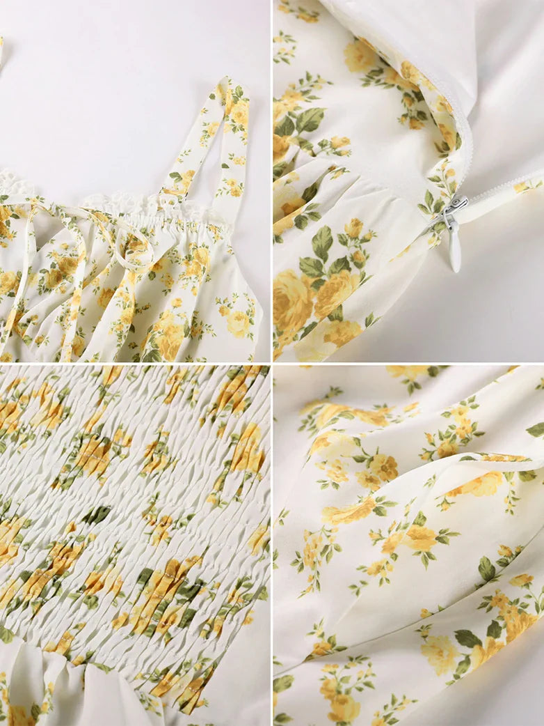 Spring Victorian Floral Pockets Milkmaid Corset Dress