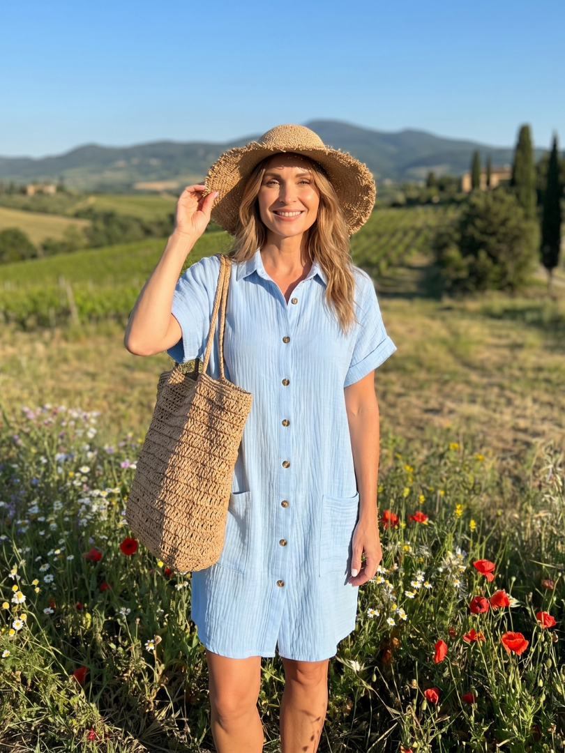 Emmeline™ - Short Sleeve Front Pockets Knee Length Dress
