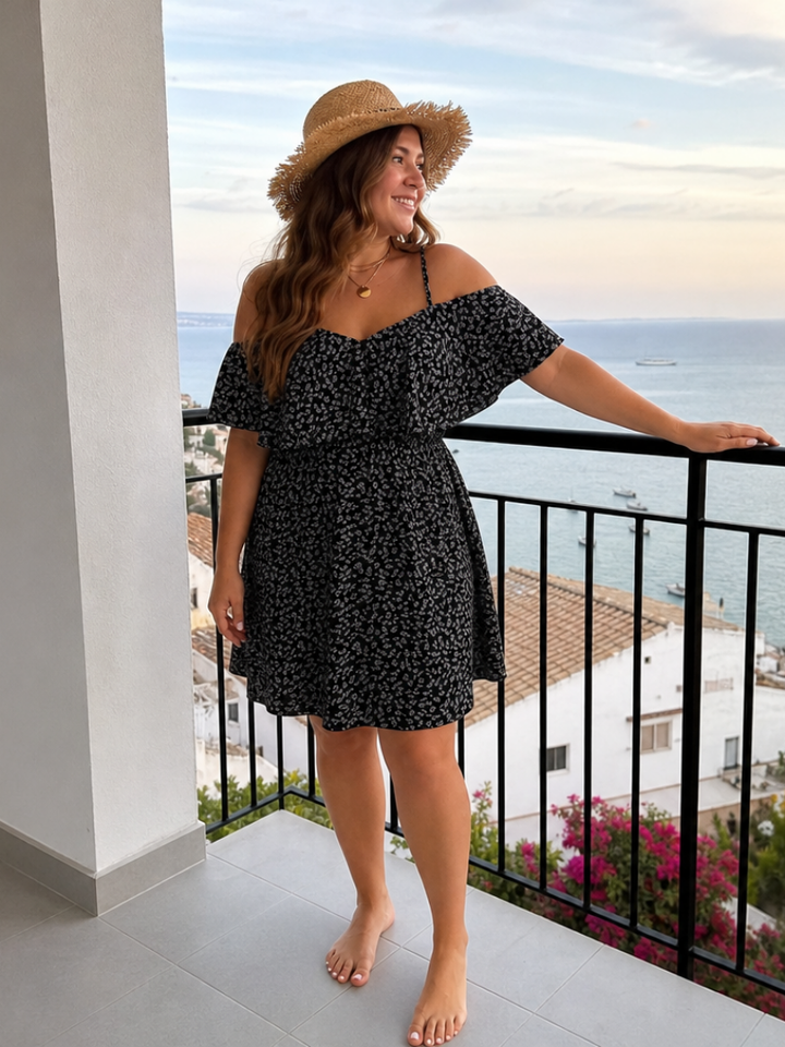 Iolanthe™ - Cold Shoulder Ruffle Overlay Knee Length Dress