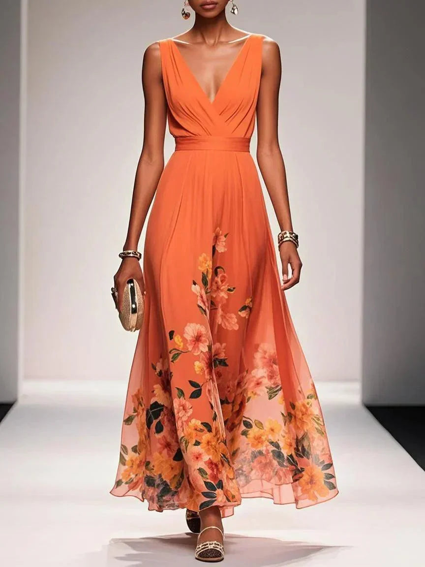 Sidonie™ - Light Blue Floral Chiffon V-Neck Maxi Dress