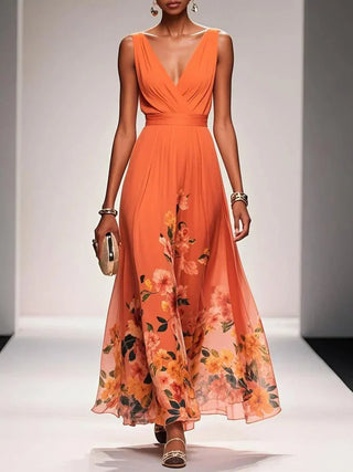 Sidonie™ - Light Blue Floral Chiffon V-Neck Maxi Dress