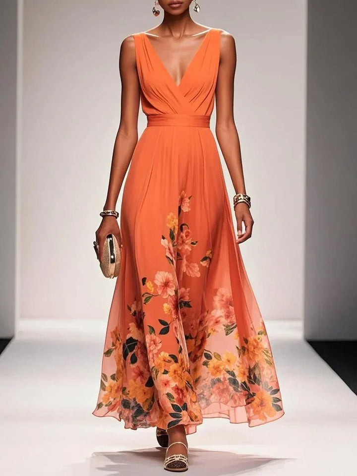 Sidonie™ - Light Blue Floral Chiffon V-Neck Maxi Dress