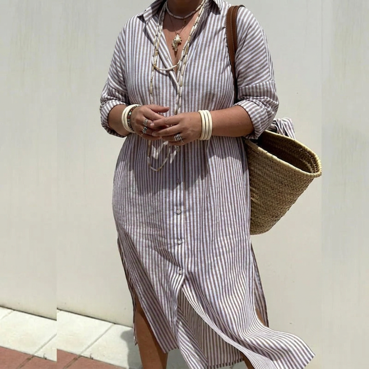 Harlow | Women's Linen Button-Down Stripe Shirt Dress