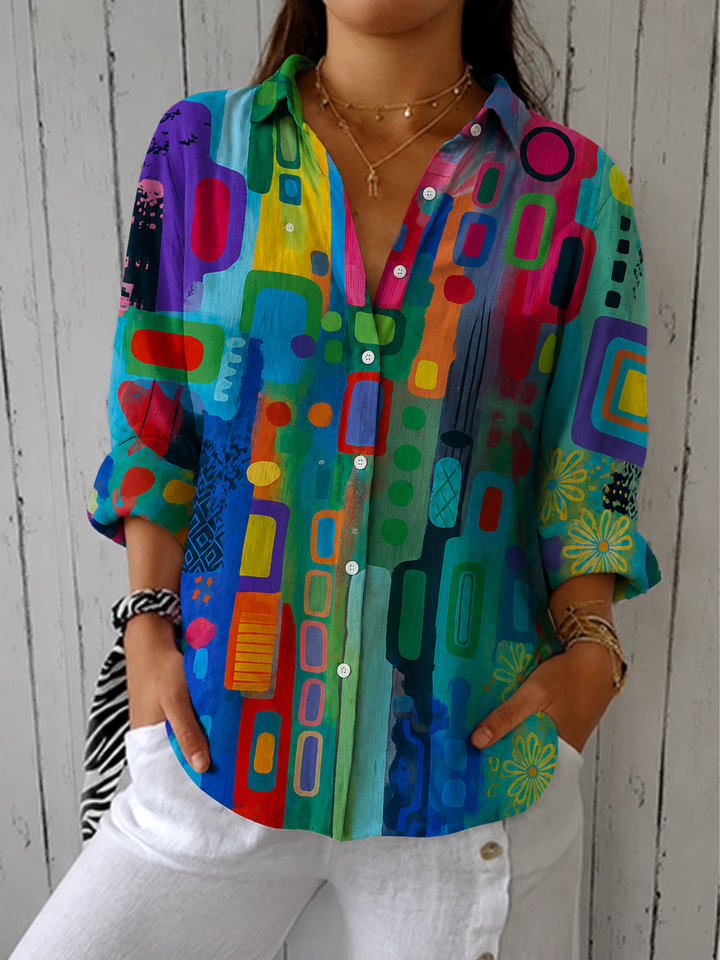 Delphine - Vibrant Artistic Button-Up Blouse
