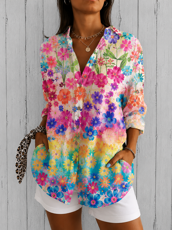 Odalys - Vibrant Artistic Button-Up Blouse
