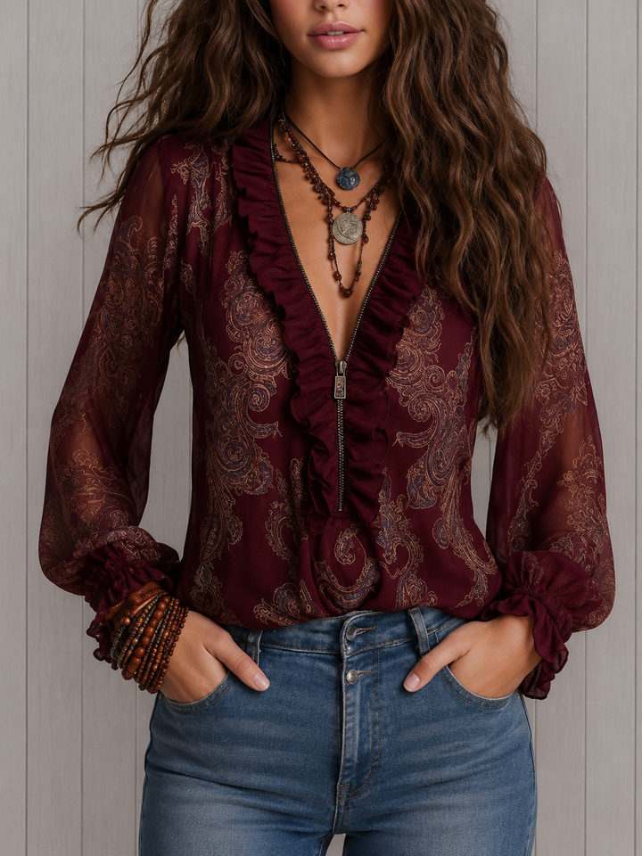 Ottilie - Baroque Paisley Ruffle Zip Chiffon Blouse