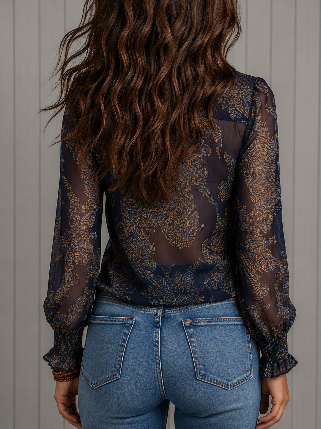Ottilie - Baroque Paisley Ruffle Zip Chiffon Blouse