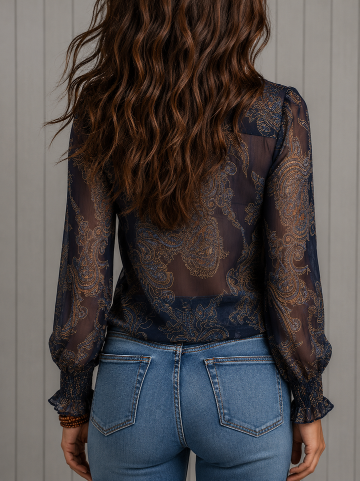 Ottilie - Baroque Paisley Ruffle Zip Chiffon Blouse