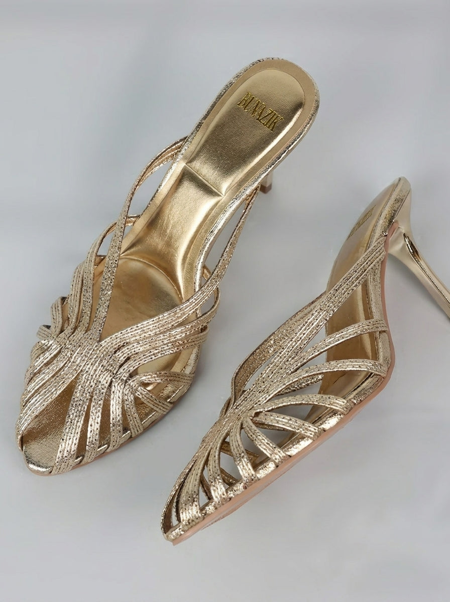 CLEMENCE™ - Woven Golden Heeled Sandals
