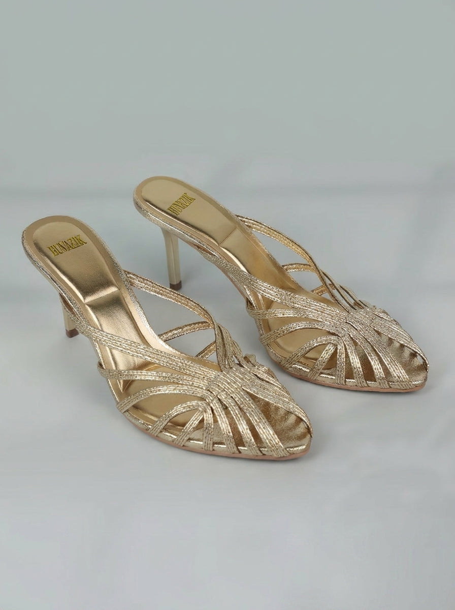 CLEMENCE™ - Woven Golden Heeled Sandals
