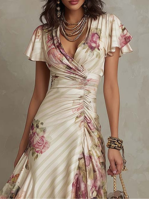 Cerelia™ - Vintage Floral Satin Midi Dress