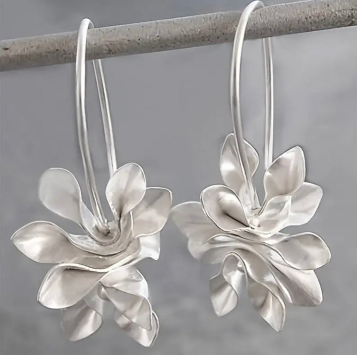 BERNADETTE - Silver Floral Hoop Drops