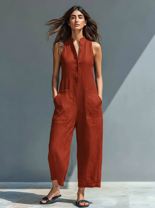 FEDERICA™ - Minimalist Linen Jumpsuit - Rust Red