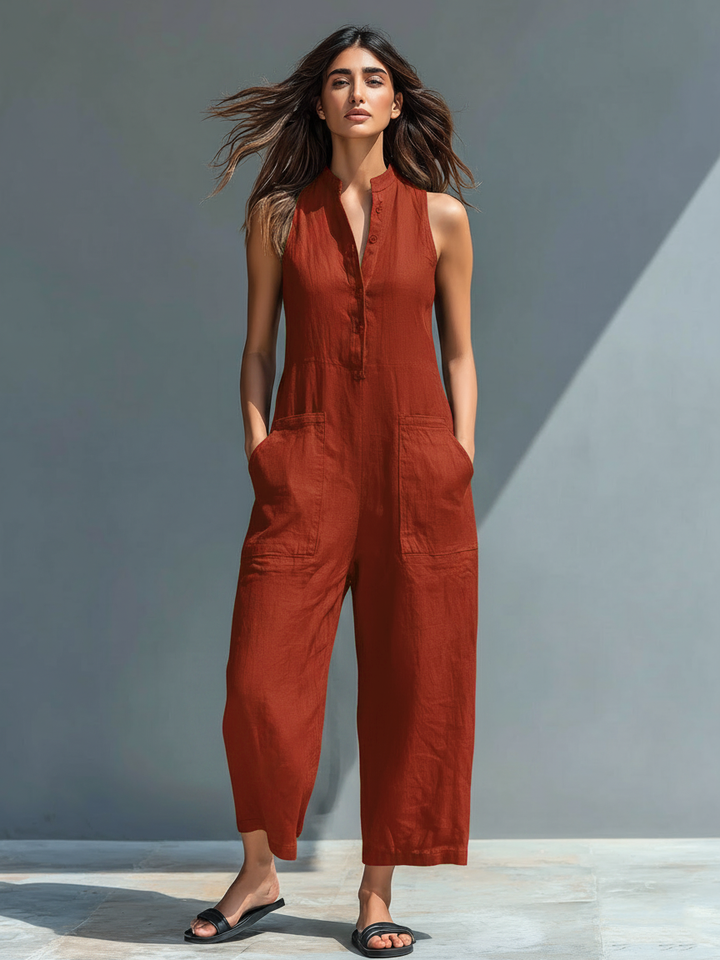 FEDERICA™ - Minimalist Linen Jumpsuit - Rust Red