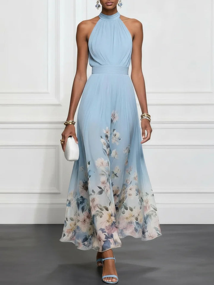 Thessaly™ - Blue Floral Chiffon Halter Maxi Dress