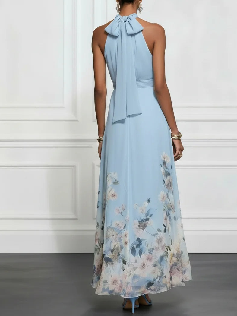 Thessaly™ - Blue Floral Chiffon Halter Maxi Dress