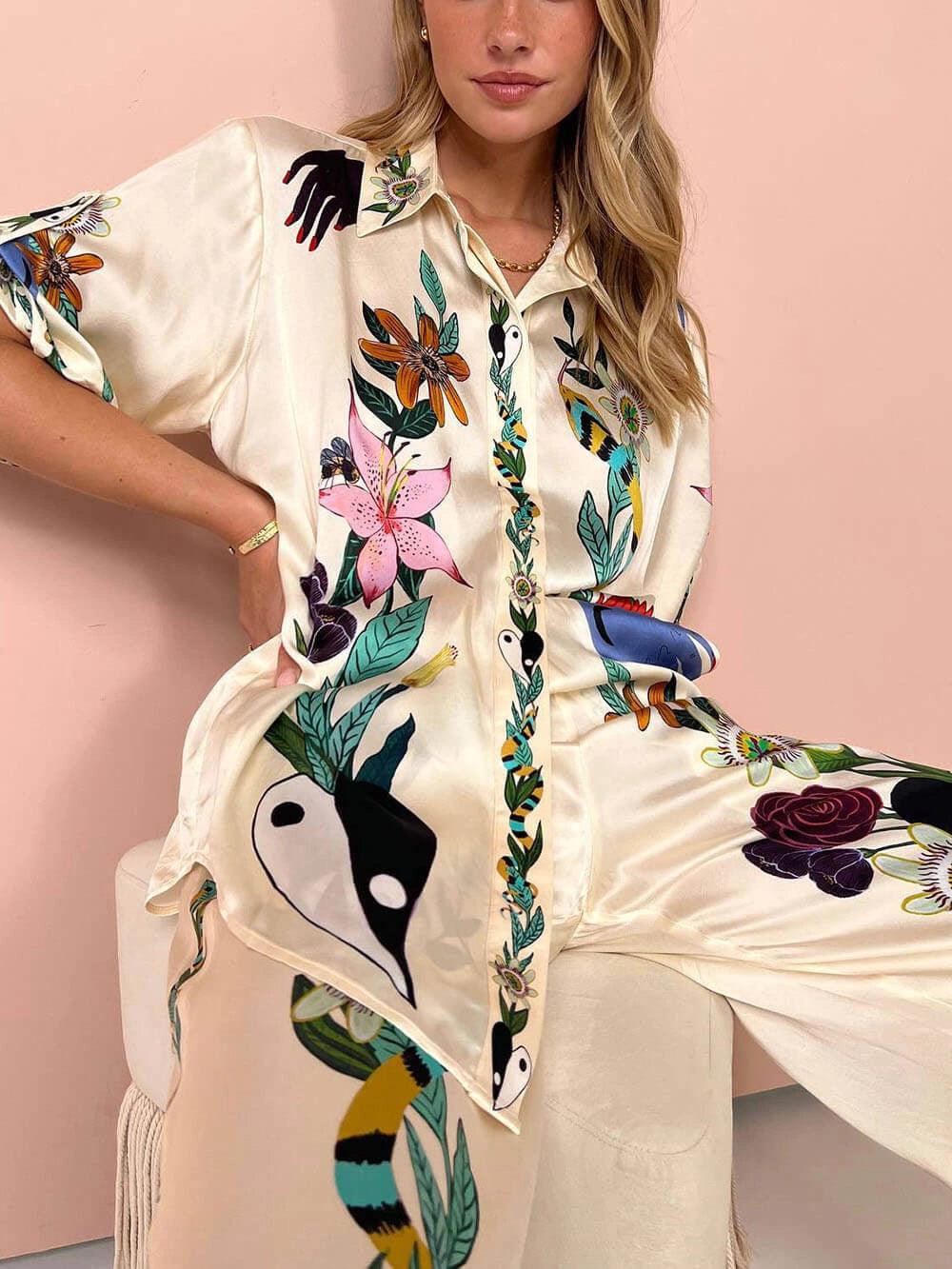 Thomasin™ - Resort Vibes Satin Unique Print Shirt & Trousers Set