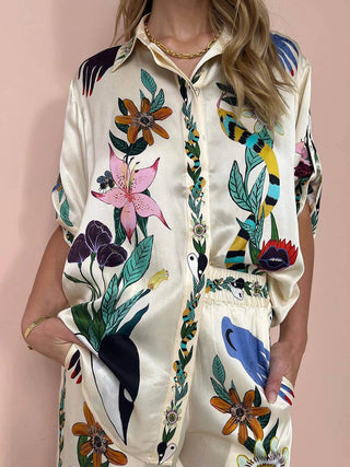 Thomasin™ - Resort Vibes Satin Unique Print Shirt & Trousers Set