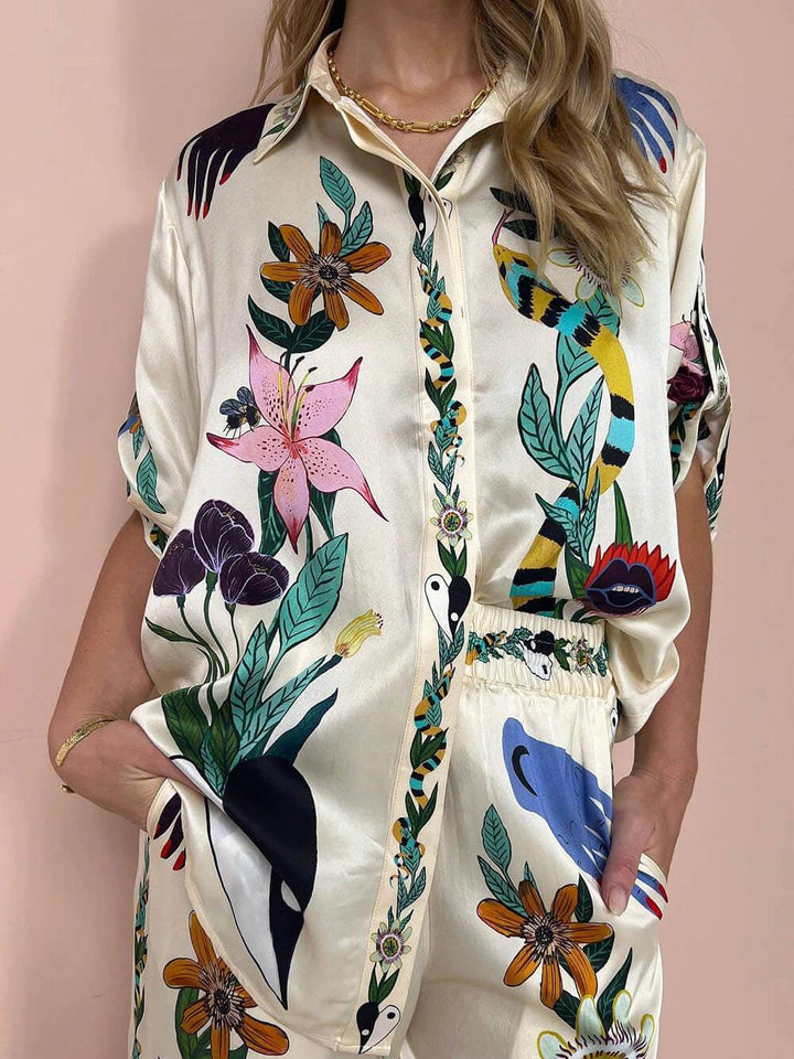 Thomasin™ - Resort Vibes Satin Unique Print Shirt & Trousers Set