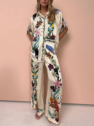 Thomasin™ - Resort Vibes Satin Unique Print Shirt & Trousers Set