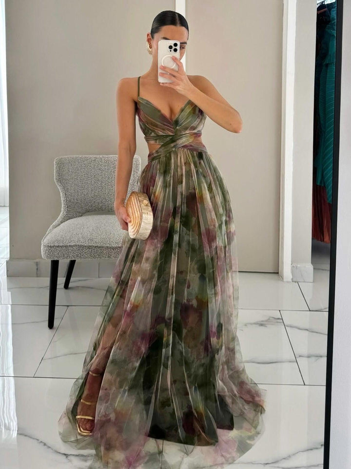 Ombeline™ - Painted Floral Print V-Neck Maxi Dress