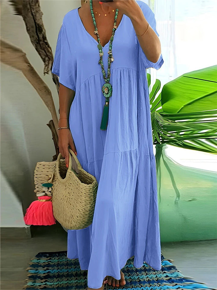 LINNEA™ – Soft Ruffle V-Neck Maxi Dress