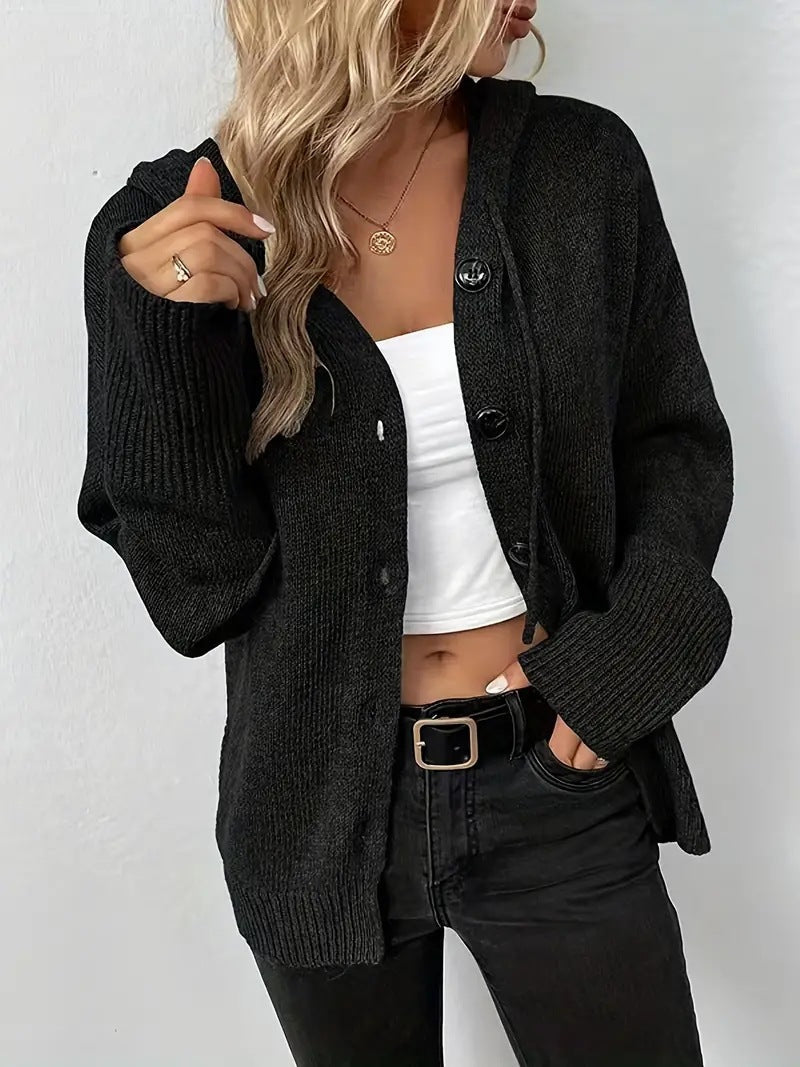 MILSA™ - Cozy Plain Button Front Hooded Cardigan