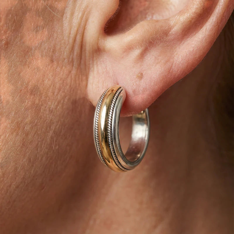 Nora | Vintage Golden Line Silver Hoop Earrings