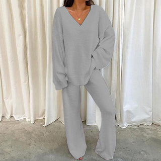 MULANA™ - Chic V-Neck Top and Wide Leg Pants Set