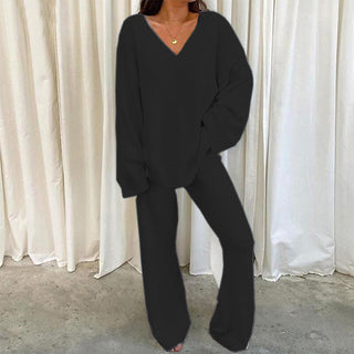 MULANA™ - Chic V-Neck Top and Wide Leg Pants Set