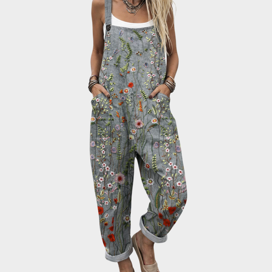 NESSA - Gray Floral Print Overalls