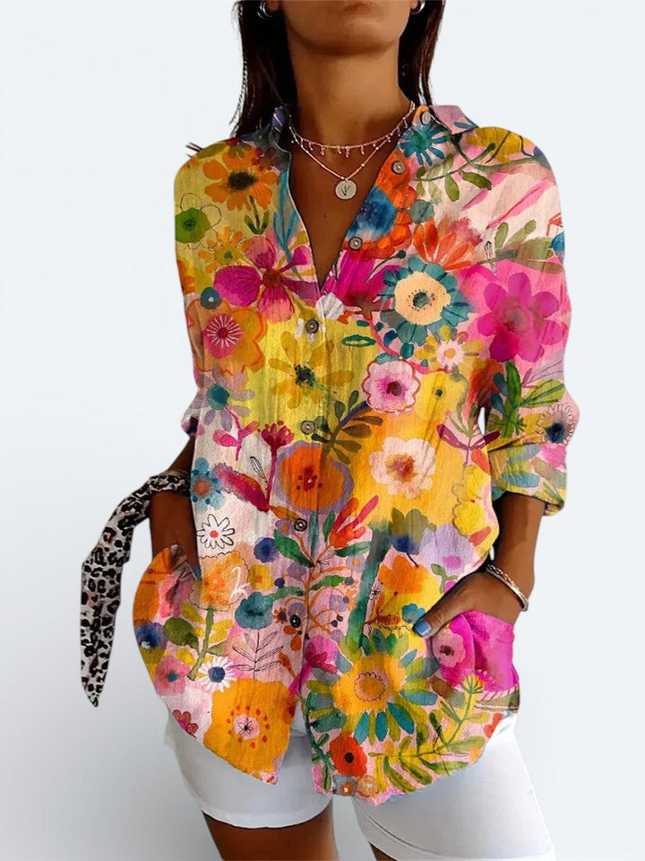 Odalys - Vibrant Artistic Button-Up Blouse