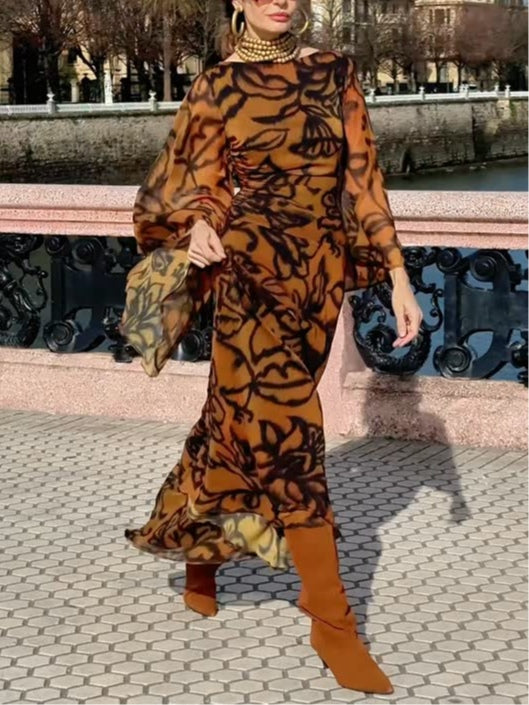 Ursula™ - Beach Glam Brown Long Printed Dress