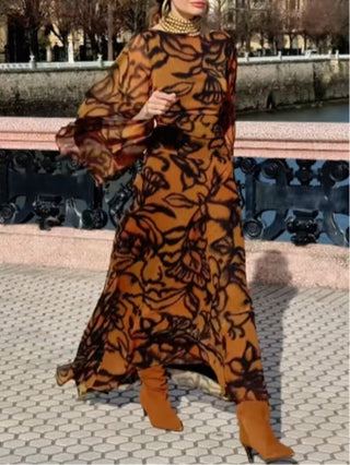 Ursula™ - Beach Glam Brown Long Printed Dress